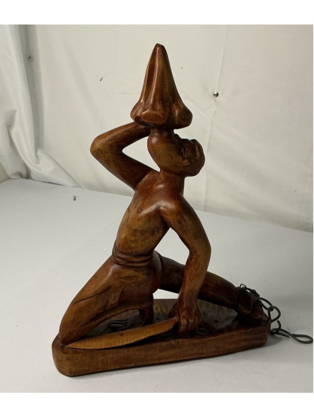 Vintage Signed Hand Carved Hardwood Woman Carrying Vessel Sculpture Figurine 12”